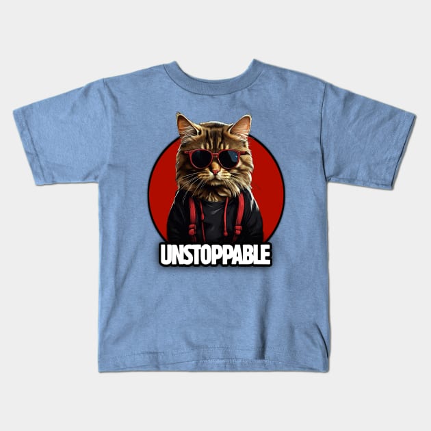 Unstoppable Motivational Cat Design Kids T-Shirt by Mustapha Sani Muhammad